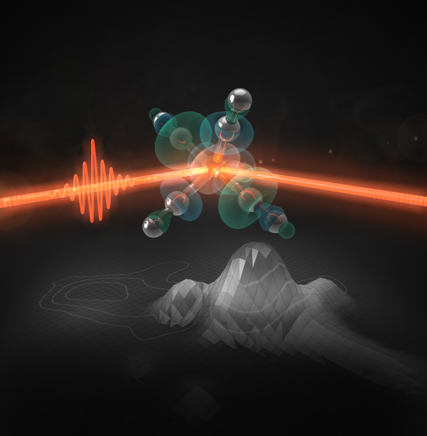 An ultrashort laser pulse activates iron pentacarbonyl as a catalyst. Scientists could observe the subsequent ultrafast processes experimentally by mapping the outer orbitals with an x-ray free electron laser and interpret the obtained energy maps using quantum chemical calculations.<br />Illustration: SciStyle Thomas Splettst&ouml;&szlig;er