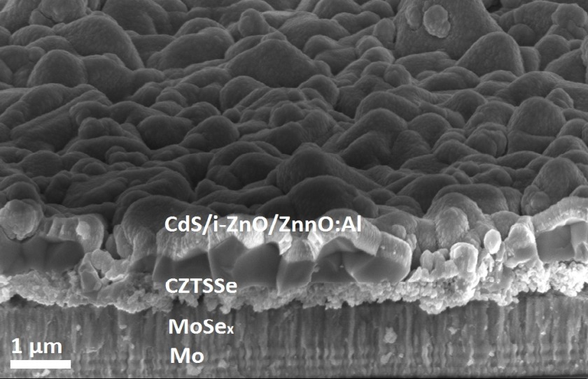 Querschnitt mit dem Rasterelektronenmikroskop durch eine gedruckte Kesterit-Solarzelle: auf einem Mo-Substrat befindet sich die aufgedruckte Kesterit-Schicht (CZTSSe). 