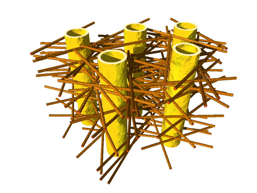 Illustration of the complex biostructure of dentin: the dental tubuli (yellow hollow cylinders, diameters appr. 1 micrometer) are surrounded by layers of mineralized collagen fibers (brown rods). The tiny mineral nanoparticles are embedded in the mesh of collagen fibers and not visible here. 