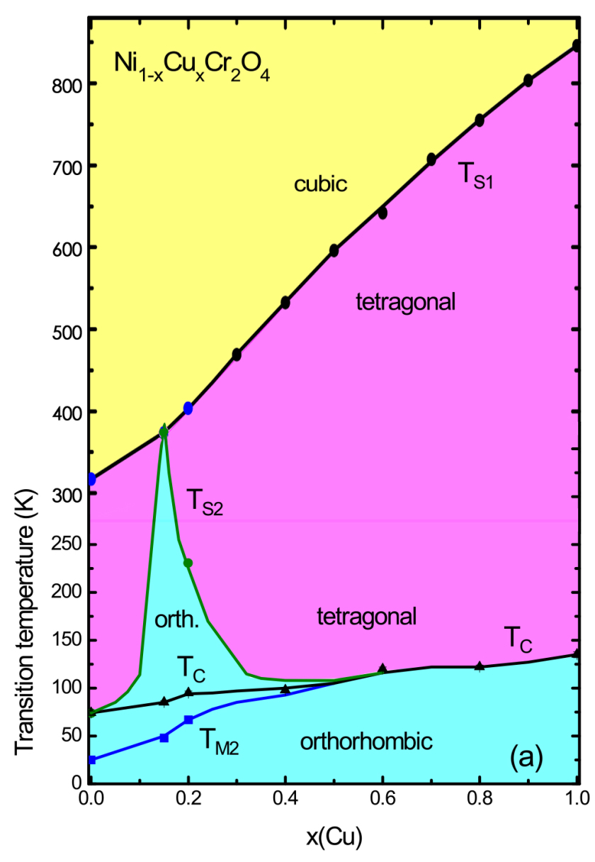 Nur in der orthorhombischen Phase (hellblau), die bei den meisten Mischkristallen tief unterhalb der Raumtemperatur (293 K) liegt, treten magnetische Phasen auf. Dabei konnten die HZB-Forscher zwei magnetische Phasen identifizieren (schwarze und blaue Messpunkte). Bei einem Kupferanteil um 15 % bleibt die orthorhombische Phase jedoch bis deutlich &uuml;ber der Raumtemperatur stabil (Ts2).