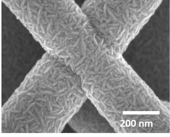 Die Rasterelektronenmikroskopie zeigt zwei sich kreuzende Nanodr&auml;hte, die von AZO-Kristalliten bedeckt sind. <a href="http://www.sciencedirect.com/science/article/pii/S2211285515002815" class="Extern">doi:10.1016/j.nanoen.2015.06.027</a><a href="http://www.sciencedirect.com/science/article/pii/S2211285515002815" class="Extern"></a>