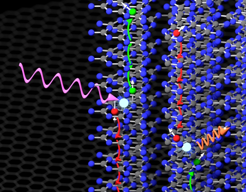 Charge carriers in polymeric carbon nitrides always take paths perpendicular to the sheets, as Merschjann&rsquo;s group has now shown. Light creates an electron-hole pair. The opposite happens when an electron and hole meet under certain conditions (forming a singlet exciton) and emit light (fluorescence). A graphene lattice is shown in the background.