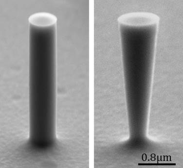 Nanostrukturen aus Silizium unter dem Rasterelektronenmikroskop. Der Durchmesser der Nanos&auml;ule betr&auml;gt 570 nm. Der Nanokegel dagegen verj&uuml;ngt sich von seinem oberen Durchmesser 940 nm bis zu 360 nm an der Basis. 