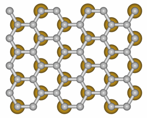 The model illustrates how the gold atoms sit under the graphene. <br /><br />
