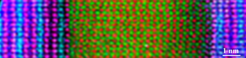 Mit Hilfe der EELS-Elektronenspektroskopie lassen sich im Rasterelektronenmikroskop die einzelnen Atome in der Heterostruktur kartieren: Die supraleitenden YBaCuO-Regionen sind an Yttrium (Blau) und Kupfer (pink) erkennbar, w&auml;hrend in der ferromagnetischen Schicht Mangan (gr&uuml;n) und Lanthan (rot) eingebaut ist. 