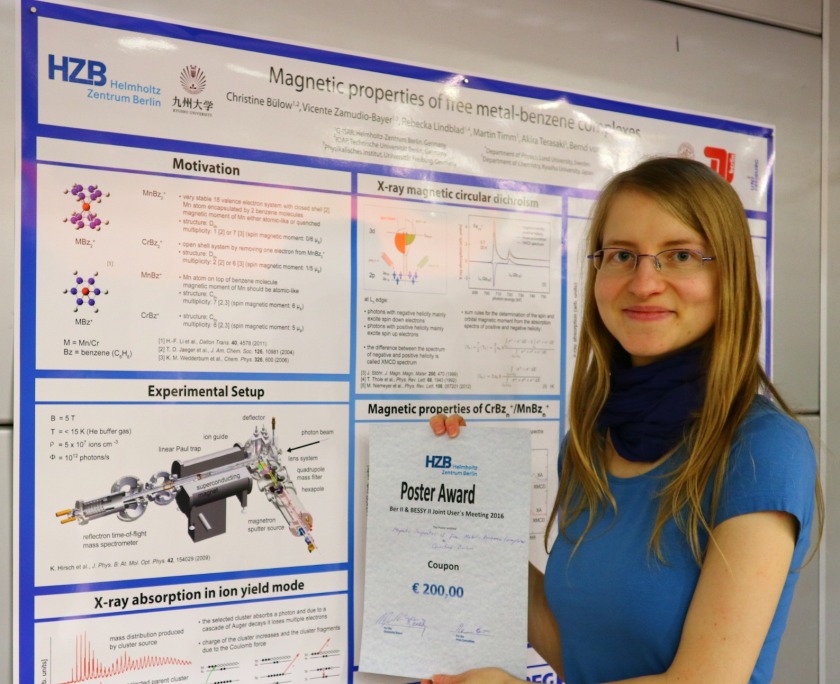 PhD student Christine B&uuml;low, HZB Institute Methods and Instrumentation for Synchrotron Radiation Research, was awarded with the poster prize of the HZB usermeeting.