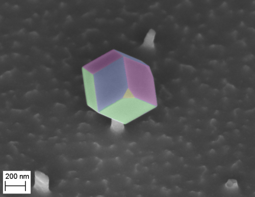Der GaAs-Nanokristall hat sich als Dodekaeder auf einer Silizium-Germanium-Nadel abgeschieden, zeigt diese Rasterelektronenmikroskopie. Zur besseren Unterscheidbarkeit sind die rhombischen Au&szlig;enfl&auml;chen eingef&auml;rbt. 
