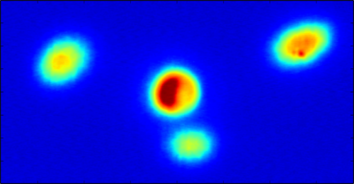 Ein Abbild des Strahlungsquellpunktes an einem Dipolmagneten im Twin Orbit Modus. Der zweite Orbit schlie&szlig;t sich nach drei Uml&auml;ufen und windet sich um den Standardorbit im Zentrum.