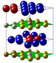 </p>
<p>Schichtstruktur von Natriumkobaltoxid. Schichten aus Natriumatomen (blau oder rot) wechseln sich mit solchen aus Kobalt und Sauerstoff ab. Die Sauerstoffatome sind nicht gezeigt. Sie sind in den gleichen Schichten angeordnet wie die in Gold, Silber und Bronze dargestellten Kobaltatome. Die Kobaltoxid-Schicht ist nicht eben, sondern leicht verbogen. Die verschiedenen Farben deuten an, wie die Lage der einzelnen Atome von der Idealebene abweicht.