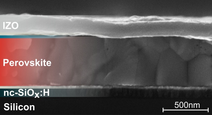 The SEM image shows the cross-section of a silicon perovskite tandem solar cell.