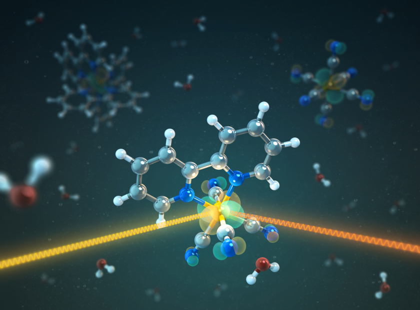 Die Illustration zeigt eine Verbindung, in deren Zentrum ein Eisen-Atom sitzt. Es ist von 4 CN-Gruppen und einem Bipyridin Molek&uuml;l umgeben. Das h&ouml;chste besetzte Eisenorbital ist als gr&uuml;n-rote Wolke dargestellt. Sobald eine Cyangruppe da ist, beobachtet man wie sich die &auml;u&szlig;eren Eisenorbitale delokalisieren, sodass auch um die Stickstoffatome Elektronen dicht vorhanden sind. Bild. T. Splettst&ouml;&szlig;er/HZB