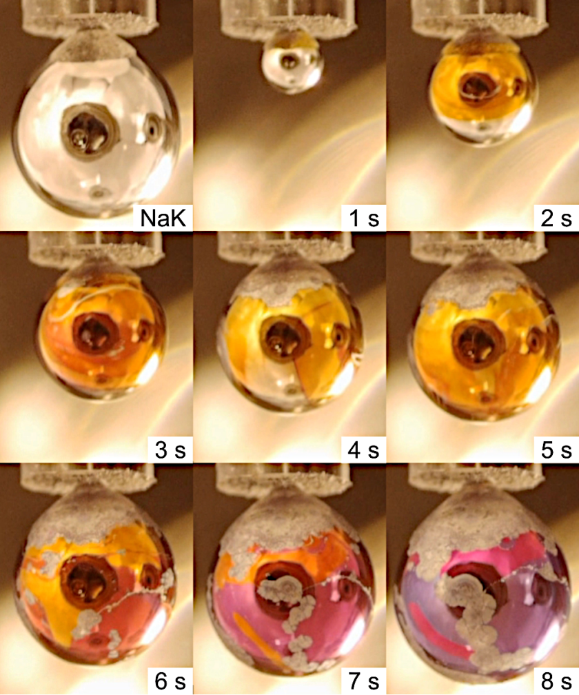 The picture on the top left shows an NaK drop in a vacuum without water vapour. The other pictures show the development of this drop over time when water vapour is present. Thus, a gold-coloured layer of metallic water forms first, followed by white spots of alkali hydroxide. After about 10 seconds, the drop falls.