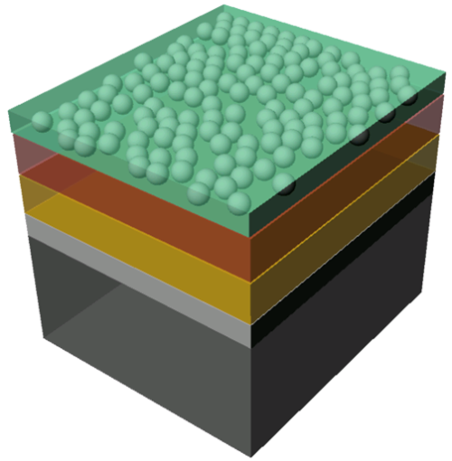 The illustration shows the structure of the sample: n-doped silicon layer (black), a thin silicon oxide layer (gray), an intermediate layer (yellow) and finally the protective layer (brown) to which the catalysing particles are applied. The acidic water is shown in green. 