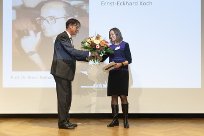 The Ernst Eckhard Koch Prize went to Dr. Victoriia Saveleva (right) for her work on catalysts.