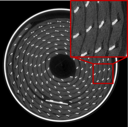 The x-ray tomography shows ruptures (black) in the regions of electrical contacts (white).