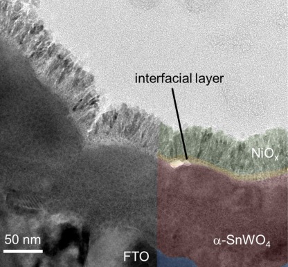 TEM-Image of a &alpha;-SnWO4 film (pink) coated with 20 nm NiOx (green). At the interface of &alpha;-SnWO4 and NiOx an additional interfacial layer can be observed.