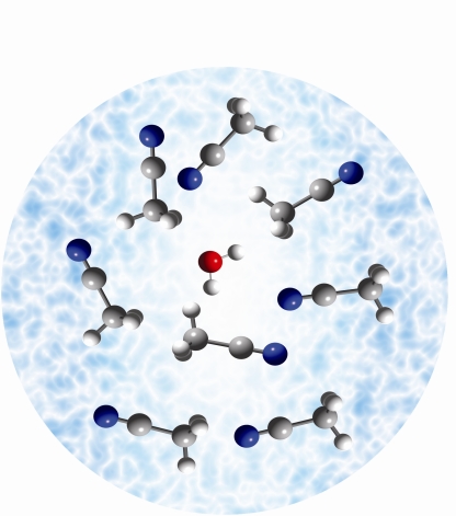 Schematische Darstellung eines Wassermoleküls,welches von Acetonitrilmolekülen umgeben ist.
