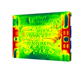 Brennstoffzellen untersuchen:Das Bild zeigt ein Neutronen-Tomogramm einer Brennstoffzelle. Wasser und Dichtungsmaterialsind rot und gelb eingefärbt.