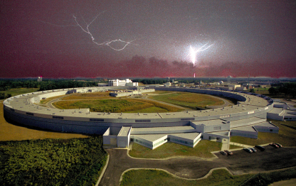 The Advanced Photon Source facility illuminated by lightning. (