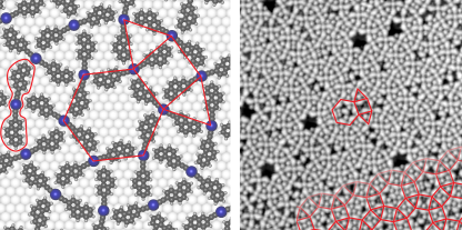 Der neue Baustein (links, roter Umriss) besteht aus zwei konvertierten Ausgangsmolekülen, die durch ein Silber-Atom (blau) verbunden sind. Dadurch entstehen komplexe, halbreguläre "Parkettmuster" (rechts, Mikroskopbild). 