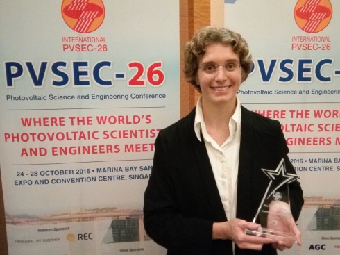 <p>Martina Schmid was awarded for her brillant presentation at PVSEC-26 in Singapore.</p>