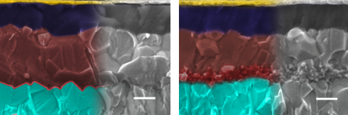 <p>Rasterelektronenmikroskopien der Perowskit-Solarzellen, links mit glatter, rechts mit mesopor&ouml;ser Grenzschicht. Zur Verdeutlichung wurden die Bilder halbseitig eingef&auml;rbt: Metalloxid (t&uuml;rkis), Grenzschicht (rot), Perowskit (braun), lochleitende Schicht (dunkelblau) sowie Goldkontakt. Die Skala zeigt 200 nm. </p>
<p> </p>