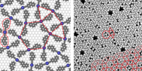 <p>Der neue Baustein (links, roter Umriss) besteht aus zwei konvertierten Ausgangsmolek&uuml;len, die durch ein Silber-Atom (blau) verbunden sind. Dadurch entstehen komplexe, halbregul&auml;re &bdquo;Parkettmuster&ldquo; (rechts, Mikroskopbild). </p>
