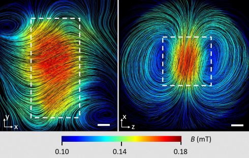 <p>Die Bilder zeigen den Verlauf der magnetischen Feldlinien im Inneren eines supraleitenden Blei-Quaders in zwei verschiedenen Schnittebenen (gestrichelter Umriss der Bleiprobe). Der Skalenstrich entspricht 5 mm. </p>